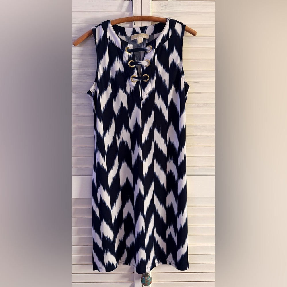 Michael Kors Navy and White Sleeveless Ikat Midi Dress with Grommet Detail